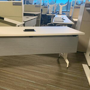 Haworth white nesting powered tables, 6x2 feet, ideal for modern office spaces and collaborative wor.
