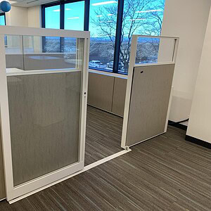Sliding door with Haworth Compose Grey finish, 6x10x65 inches, ideal for office partitions.