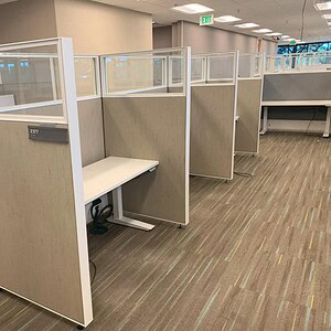 Haworth Compose 5x3x65 glass partition with adjustable tan fabric panels for flexible workspace divi.