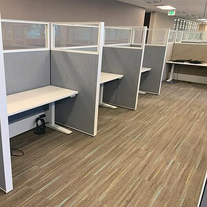 Haworth Compose 5x3 glass adjustable grey workstations for modern office spaces. Customizable, funct.