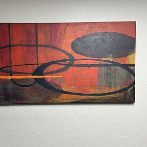 Modern abstract red and black ovals on canvas, 60x30 inches, contemporary wall art.
