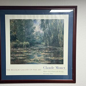 Water lily pond painting by Claude Monet with bridge, 42x43 inches.