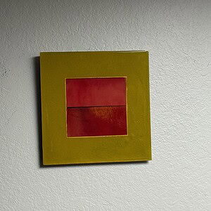 Glass glazed yellow and red square wall art, 15x14 inches, modern decorative piece.