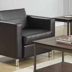 Black leather club chair with steel legs, modern and stylish seating for office or lounge areas.