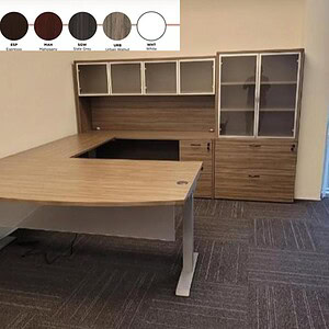Adjustable Walnut Office Desk with Storage Cabinets.