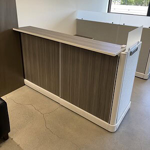 Reception desk with Herman Miller A02 design, 6.5x6.5 size, modern office furniture.