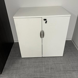 White storage cabinet for office or home organization.