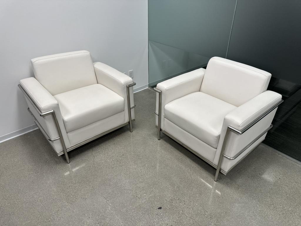 OFS white leather chair with chrome frame