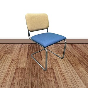 Sleek Knoll sled chair with tan backrest and blue seat, perfect for modern office or home decor.