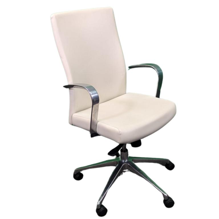 Office chair with chrome arms and white leather upholstery, ergonomic design for comfort and style.