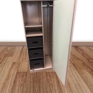 Steelcase wardrobe with glass door, 2x2x65 size, ideal for office storage solutions.