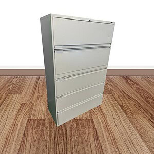 Lateral file cabinet with 5 drawers, ideal for office storage and organization. Durable metal constr.