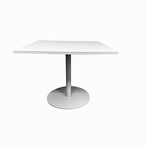 White Steelcase 3x3 table with silver base, ideal for modern office environments and collaborative w.