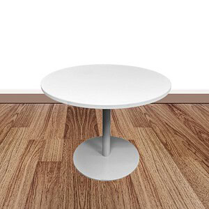 White round conference table with steel pedestal base for modern office spaces.