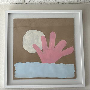 Modern pink coral hand with sun and water in abstract pop art style.