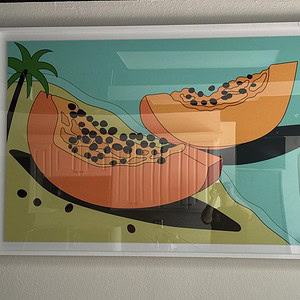 Papaya fruit with vibrant orange flesh and black seeds, depicted in a colorful pop art style.