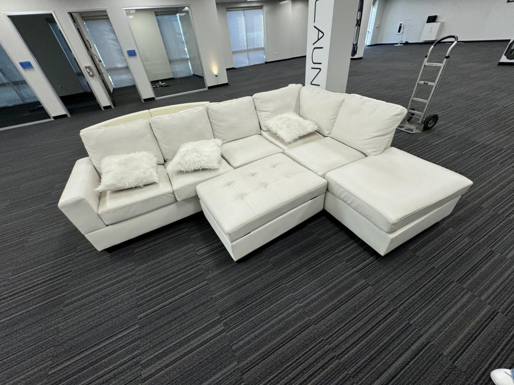 L Shape White Leather Couch & Ottoman