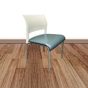 Office chair with white backrest and blue cushioned seat, ideal for workspace comfort.