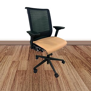 Ergonomic Steelcase Think office chair with black mesh back and tan seat for comfort and style.