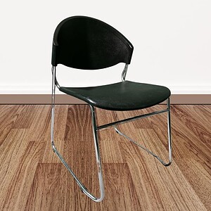 Black stack chair with steel base, ideal for office, conference, and waiting areas. Durable design w.