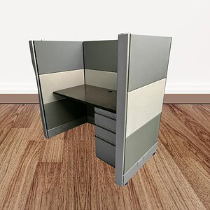 Herman Miller Ethospace office cubicle with gray fabric panels and built-in desk.