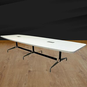 Eames 12ft White Boat Top Power Desk with Herman Miller design. Modern office furniture for producti.