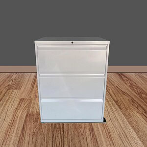 White 36-inch wide 3-drawer lateral file cabinet for office storage.