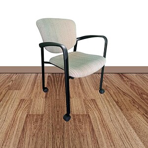 Haworth Improv tan stackable chair with casters and armrests for office use.