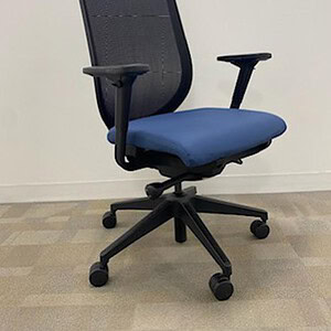 Office ergonomic chair with adjustable armrests, blue cushioned seat, and breathable black mesh back.