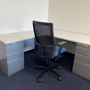 Herman Miller 6x6 Double BBF Ped Desk with ergonomic office chair.