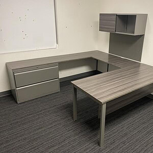 Shape Driftwood Office Desk with Storage and Shelves.