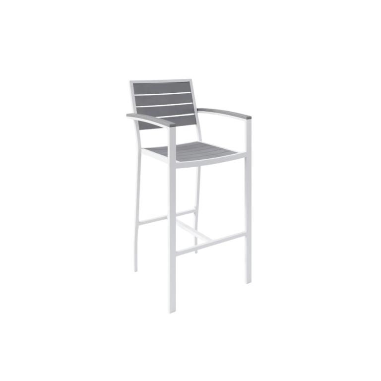 Modern barstool with arms, white and gray finish, outdoor furniture.