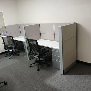 Modern Ethospace 60x30 cubicles in silver, white, and tan for office spaces.