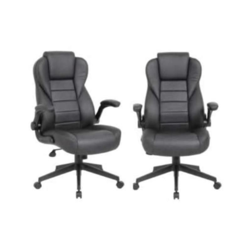Back executive office chair with flip-up armrests, ergonomic design, and adjustable features for com.
