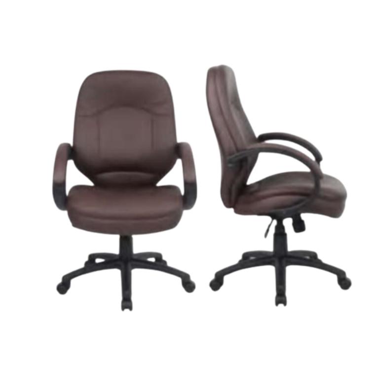 Brown LeatherPlus executive office chair with adjustable height and armrests.