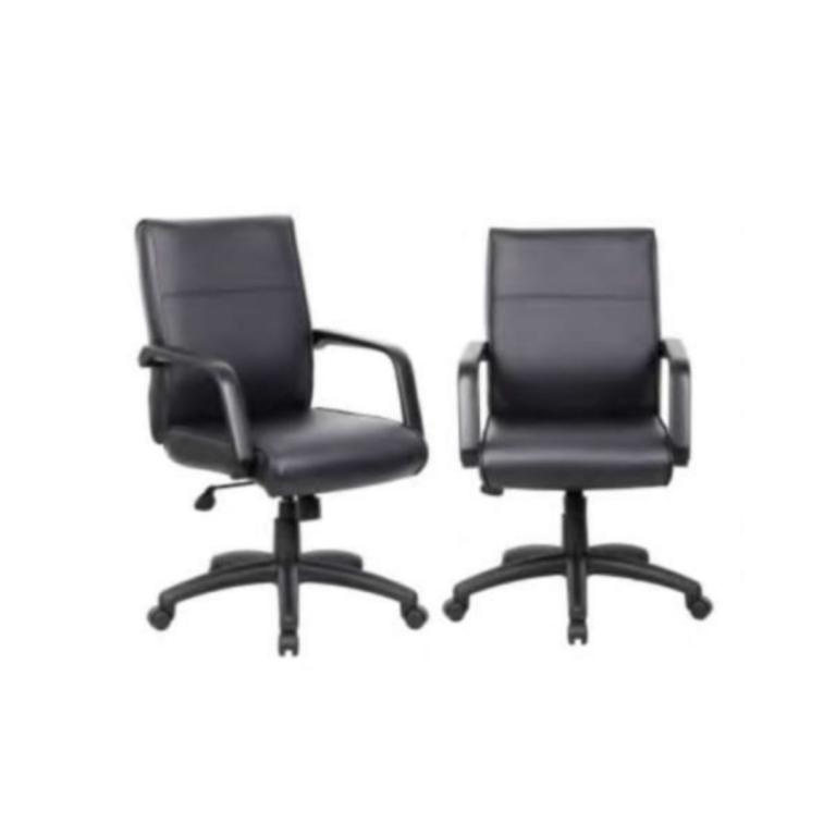 Black leather executive office chairs with adjustable height and armrests, ideal for professional wo.