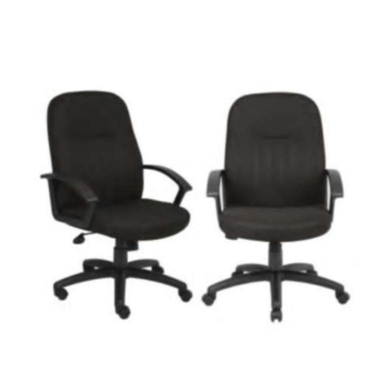Black executive office chairs with adjustable height and armrests for professional workspace comfort.
