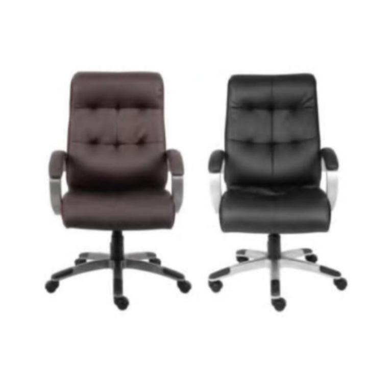 Modern executive office chairs in pewter and silver finishes, ergonomic design for professional work.