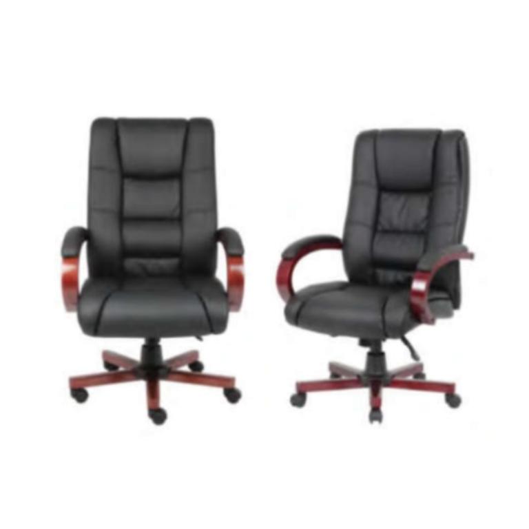 Ergonomic black executive office chairs with Dacron-filled cushions and wooden armrests.