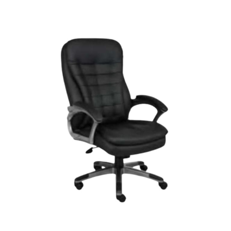 Office chair with pewter-finished armrests for professional comfort.