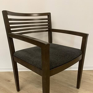 Veneer back chair with grey fabric seat, modern design, perfect for office or lounge areas.