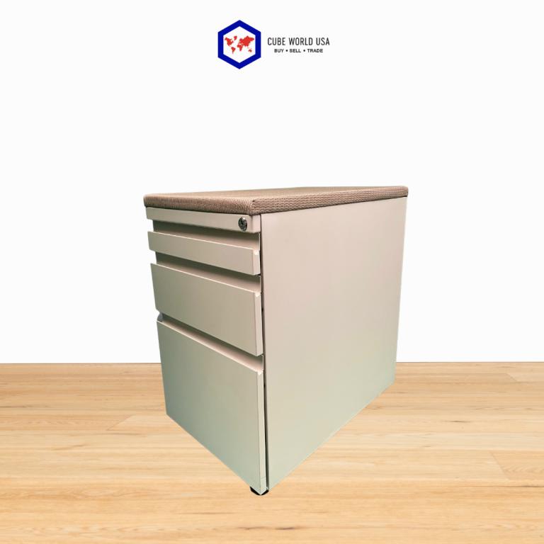 Haworth white mobile pedestal with cushioned top, ideal for office storage and organization.