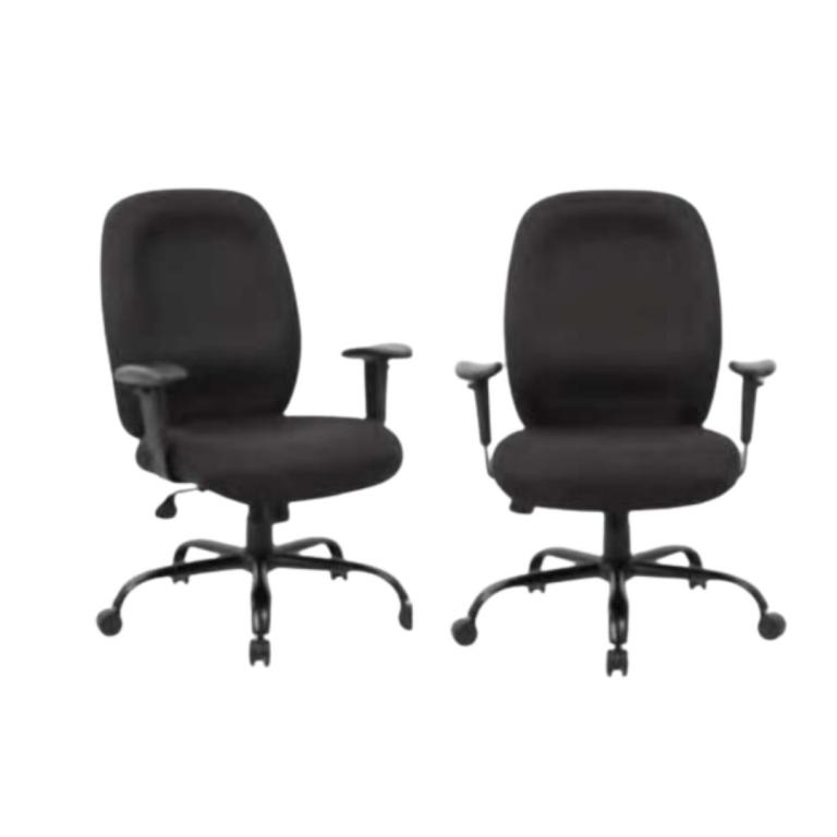 Office task chairs with black crepe fabric, ergonomic design, adjustable armrests, and rolling caste.