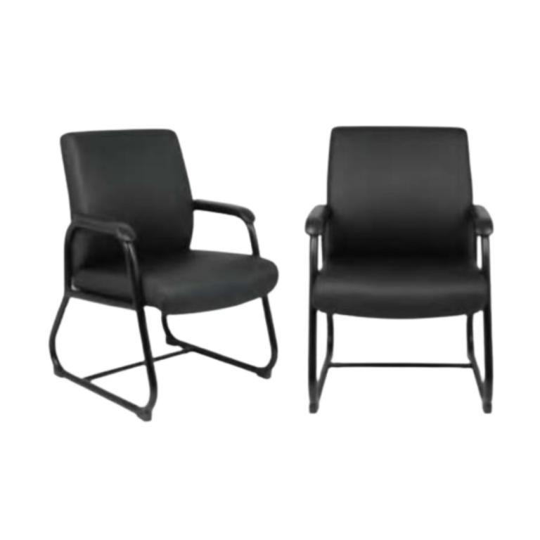 Black steel sled base guest chairs for office or waiting areas. Durable, stylish seating with armres.