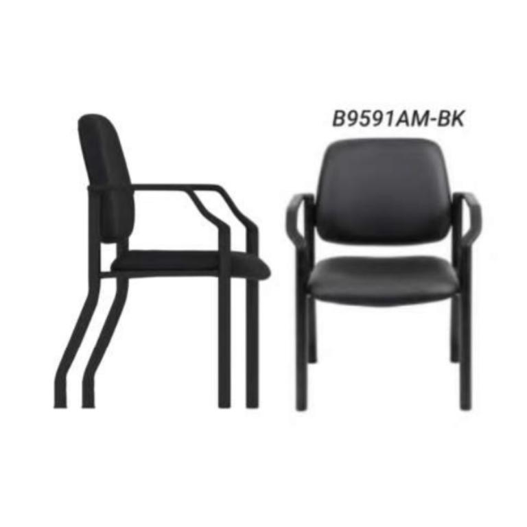 Black steel frame guest chair with armrests, modern office seating.