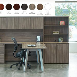 Modern office desk set with storage and finish options for professional workspaces.