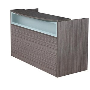 Reception desk with driftwood finish and frosted glass panel for modern office spaces.