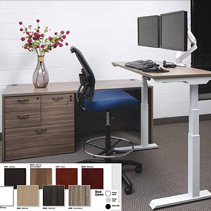 Modern adjustable height desk with dual monitors and storage cabinet.