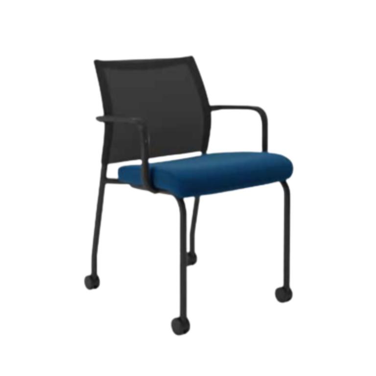 Modern black and blue guest caster chair for event and conference seating.