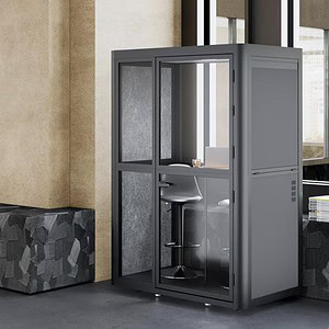 Charcoal double glass privacy pod for acoustical privacy and sound control.